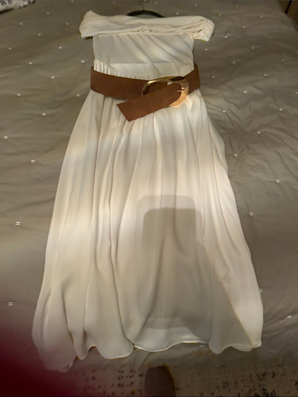Zara Cream Off-Shoulder Maxi Dress with Brown Waist Belt